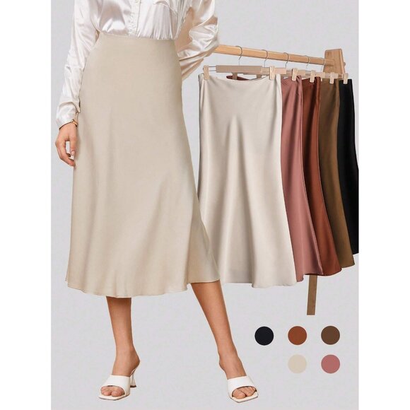 cream beige Satin Midi Skirt High Waist Plazacore Business Minimalist - Picture 1 of 2